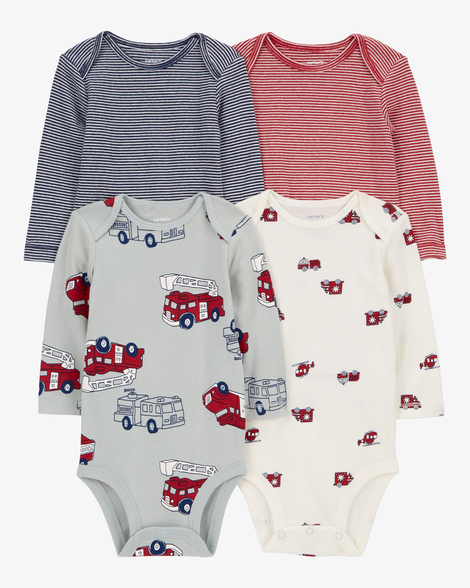 baby 4-pack long-sleeve firetruck bodysuits