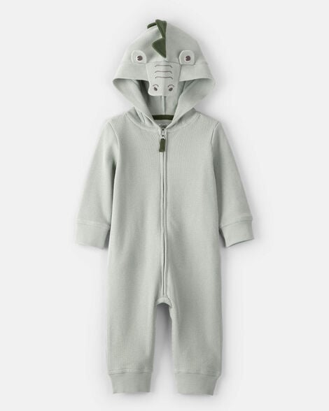 baby boy alligator thermal long-sleeve hooded jumpsuit - green