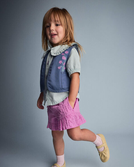 Toddler Girl Embroidered Cropped Vest with Otter Pockets - Slate Blue