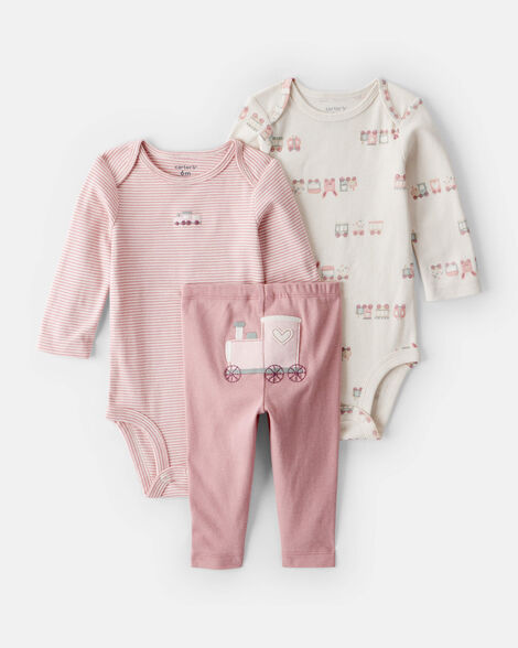 baby girl 3-piece train print long-sleeve bodysuit & pant set - pink