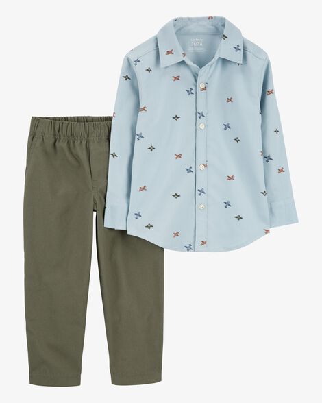  Product image 1 of Toddler 2-Piece Airplane Button-Down Shirt & Pant Set
