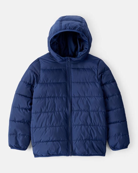 kid packable hooded puffer jacket - navy blue