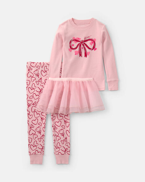 toddler girl 3-piece valentine's day cotton snug fit tulle skirt pajama set - pink