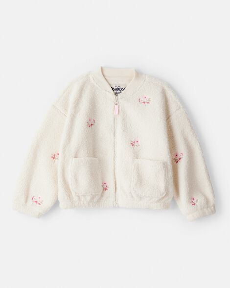 Toddler Girl Floral Sherpa Bomber Jacket - Ivory