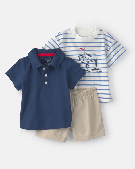 baby boy 3-piece nautical short-sleeve tops & short set - blue