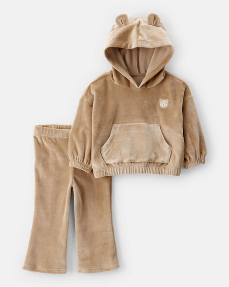 baby girl bear velour hoodie & pant set - brown