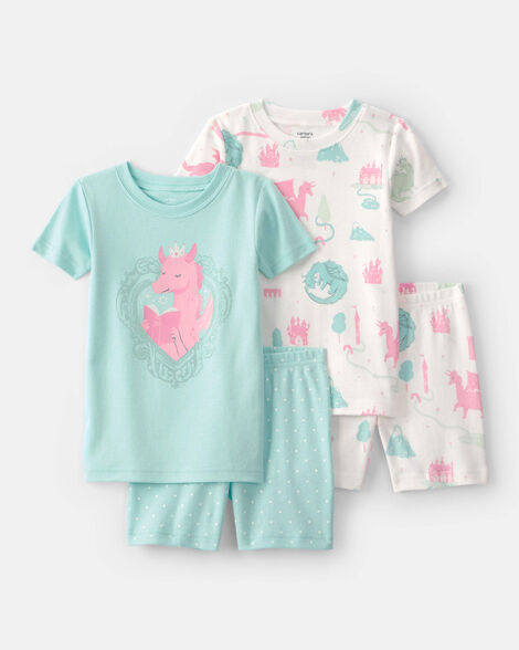 toddler girl fairy tale dragon 100% cotton short-sleeve snug fit 4-piece pajama set - blue/ivory