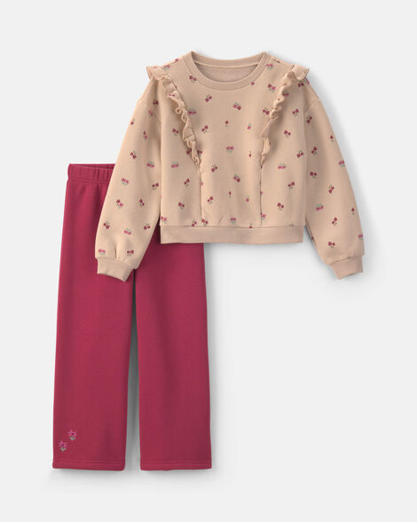 girls 2-piece floral fleece long-sleeve top & pant set - cream/red