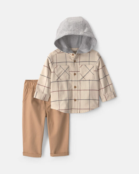 baby boy 2-piece hooded plaid top & pant set - beige/brown/grey