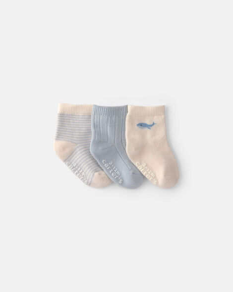 baby 3-pack whale ankle socks - blue/ivory