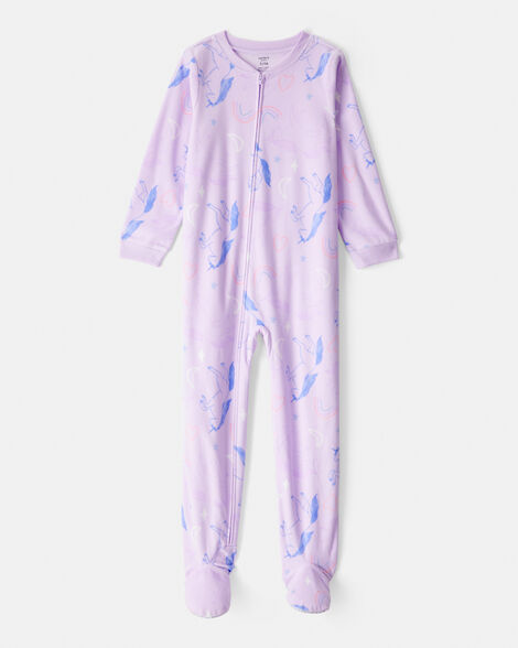 girls unicorn print loose fit long-sleeve zip-up 1-piece pajamas - purple