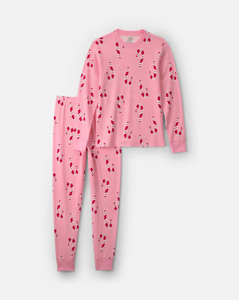 adult candy cane christmas thermal snug fit 2-piece pajama set - pink