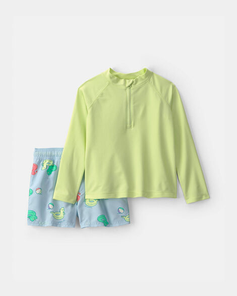 toddler boy 2-piece dinosaur rashguard swimsuit set - green/blue
