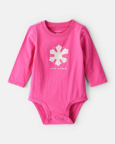 baby girl snowflake long-sleeve graphic bodysuit - pink