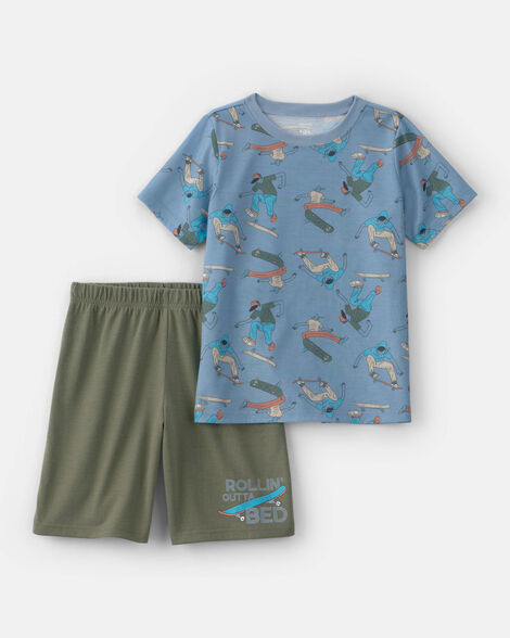 boys 2-piece skateboard short-sleeve loose fit 2-piece pajama set - blue/green