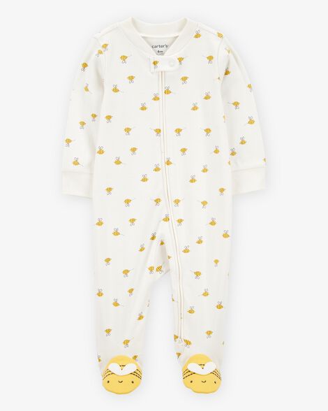  Product image 1 of Baby Bee Print 2-Way Zip Cotton Sleep & Play Pajamas - Cream