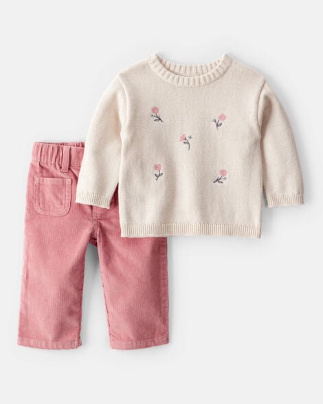 baby girl 2-piece floral sweater & pant set - cream