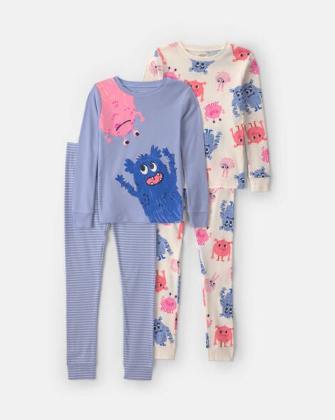 girls 4-piece monster 100% cotton snug fit pajama set - blue/cream