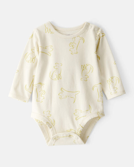 baby boy dog print cotton long-sleeve fashion bodysuit - ivory