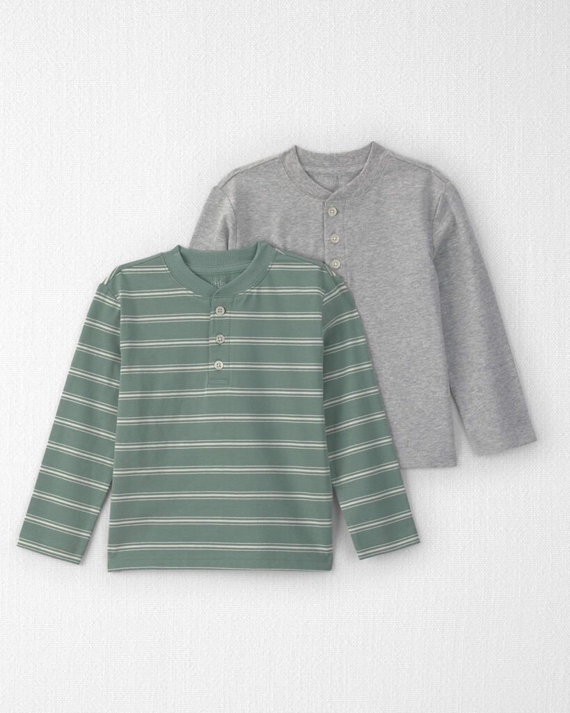 Little Planet Toddler Boy 2-Pack Organic Cotton Tops 2T Green Stripes, Heather Grey
