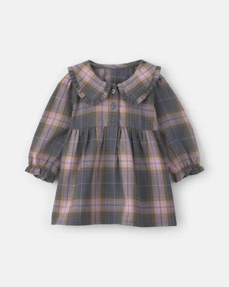 Baby Girl Plaid Peter Pan Collar Long-Sleeve Dress - Grey/Pink