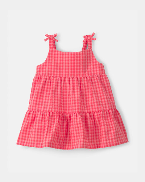 baby girl gingham sleeveless dress - coral