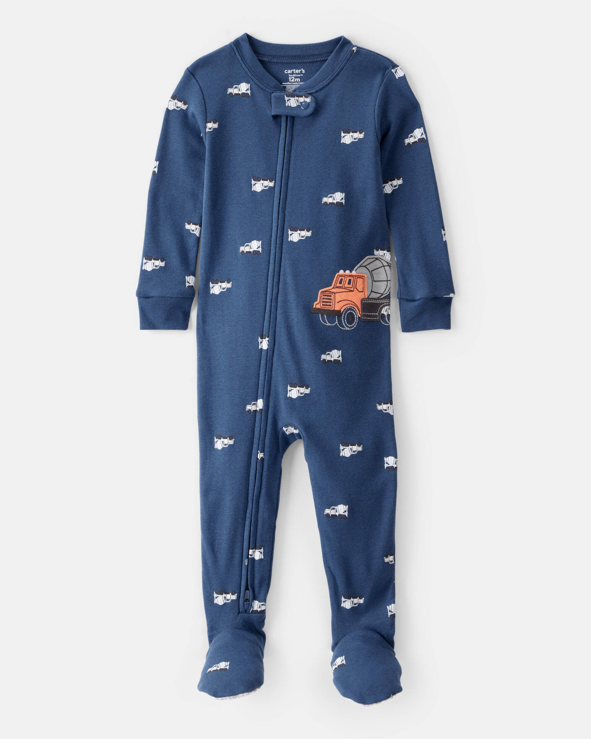 Toddler Boy Construction Print 100% Cotton Long-Sleeve 2-Way Zip 1-Piece Pajamas - Blue