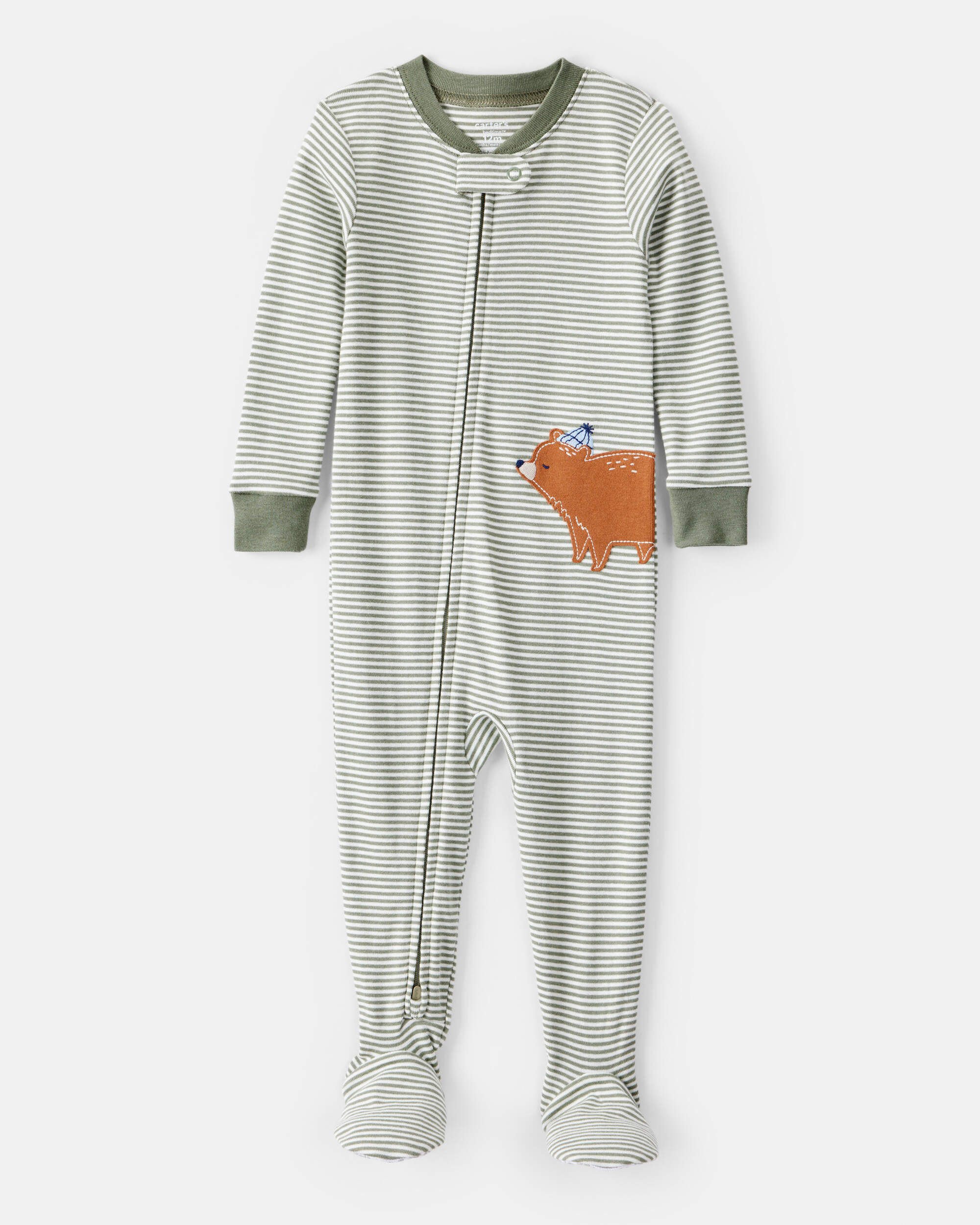 Toddler Boy Bear Striped 100% Cotton Long-Sleeve Snug Fit 1-Piece Pajamas - Green