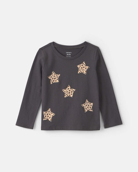 toddler girl leopard star long-sleeve graphic tee - black