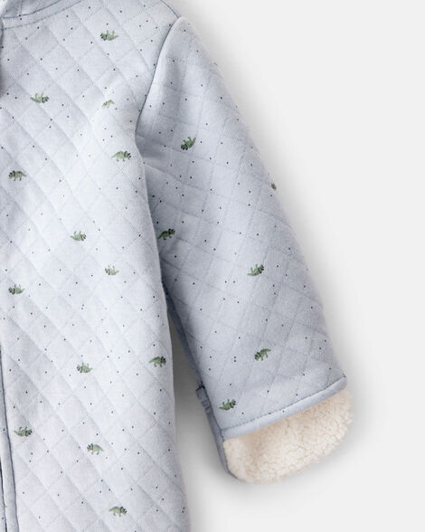 Baby Dinosaur & Floral Print Pattern Zipper Front Design Jumpsuit