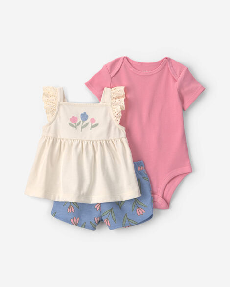baby girl 3-piece floral bodysuit & short set - pink/cream