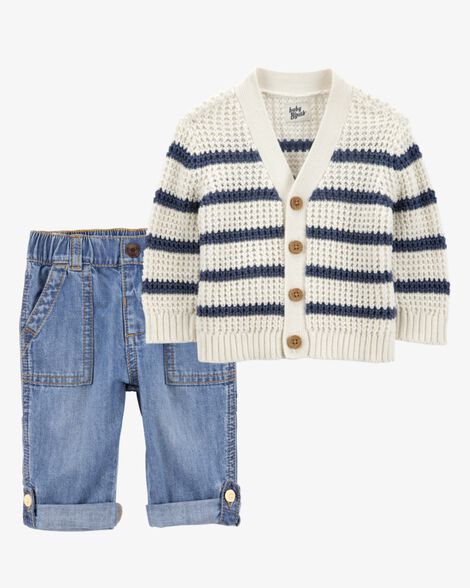 Product image 1 of Baby 2-Piece Striped Sweater Knit Cardigan & Roll-Up Cuff Jeans Set
