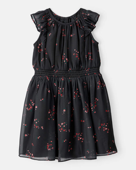 girls floral short-sleeve occasion dress - black