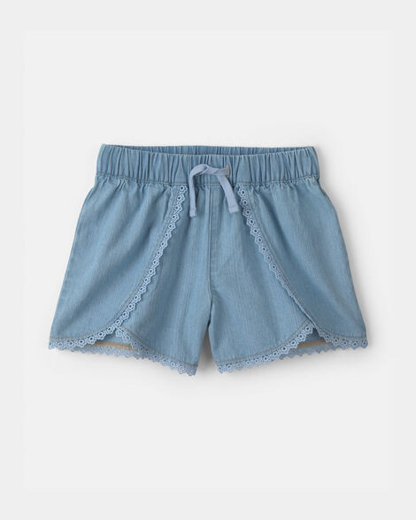 Girls Chambray Denim Eyelet Shorts - Light Wash