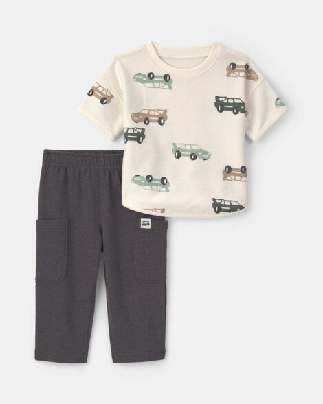 baby boy 2-piece car french terry short-sleeve top & pant set - cream/grey