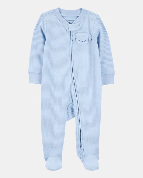 baby boy dog pocket 2-way zip ribbed sleep & play pajamas - blue