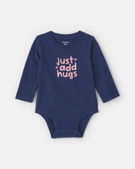baby girl 'just add hugs' long-sleeve graphic bodysuit - navy blue