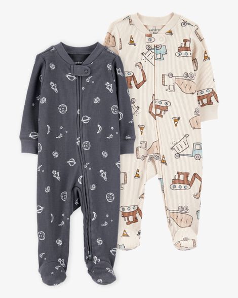 Product image 1 of Baby 2-Pack Ribbed 2-Way Zip Sleep & Play Pajamas - Grey/Ivory