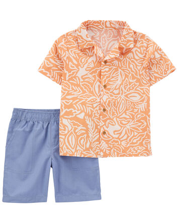 Toddler 2-Piece Palm Linen Button-Front Shirt & Short Set