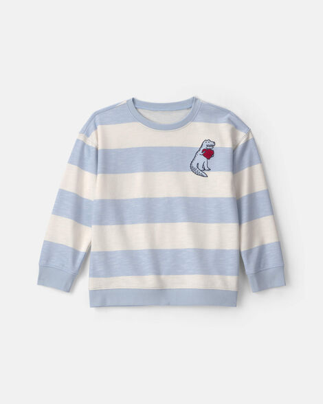 kids striped dinosaur valentine's day french terry pullover sweatshirt - blue/cream