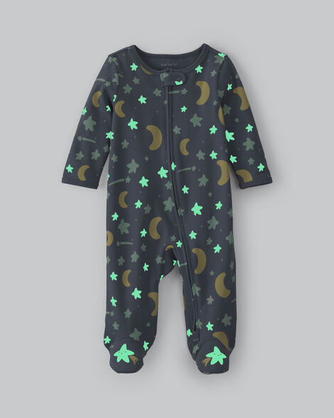 baby star glow in the dark 100% cotton 2-way zip sleep & play pajamas - grey