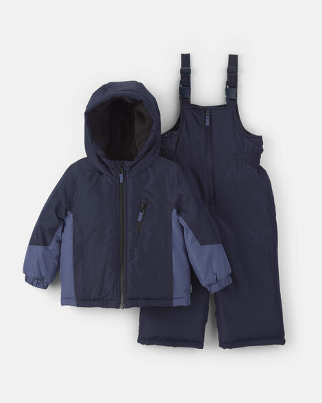 Toddler Boy 2-Piece Color Block Hooded Snowsuit Jacket & Bib Set - Navy Blue