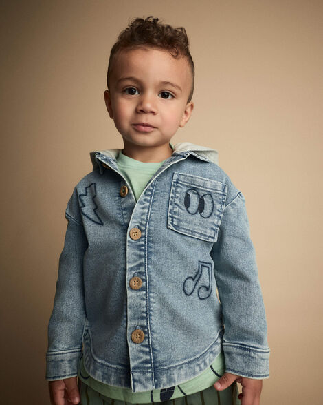 Toddler Denim Hooded Jacket in Avenue Wash - Blue/Heather Grey