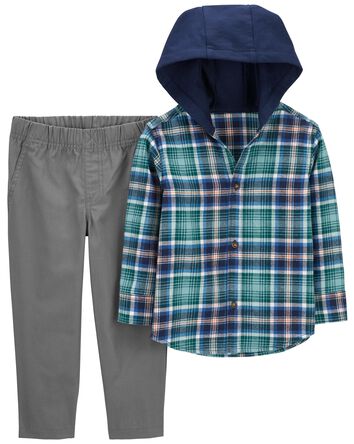 Toddler 2-Piece Plaid Hooded Button-Front & Pant Set