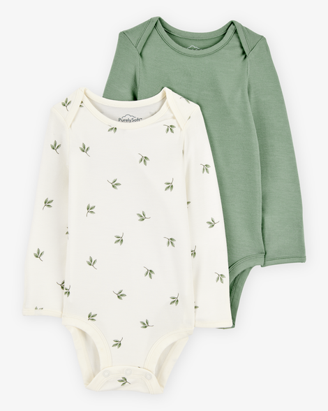 baby 2-pack long-sleeve purelysoft bodysuits - green/ivory