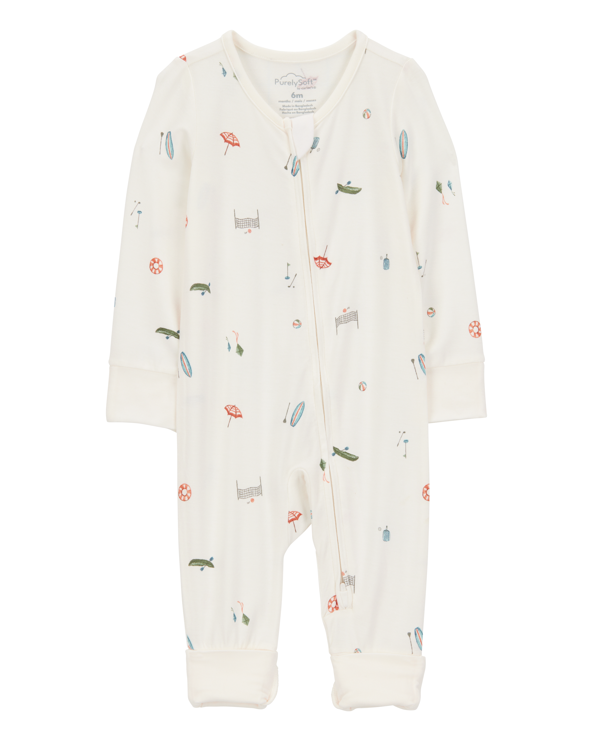 Baby Girl Camp Print 2-Way Zip PurelySoft Convertible Foot Sleep & Play Pajamas - Ivory