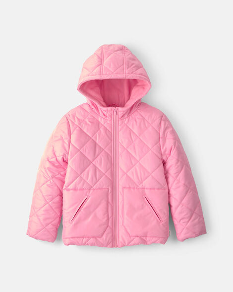 girls hooded heavyweight quilted winter jacket - pink