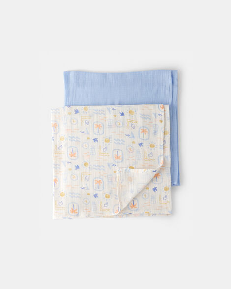 2-pack muslin swaddle blankets - blue/white