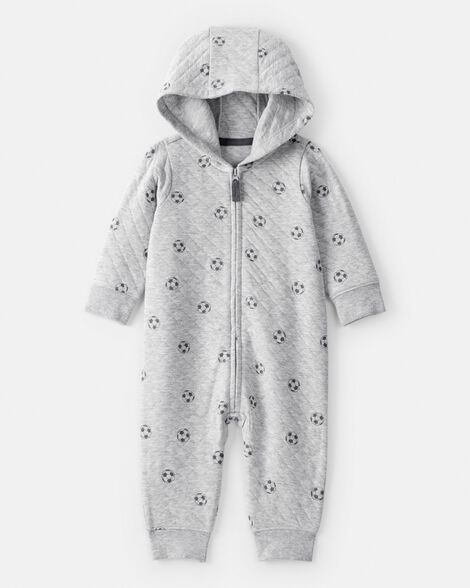 baby boy soccer quilted long-sleeve hooded jumpsuit - black
