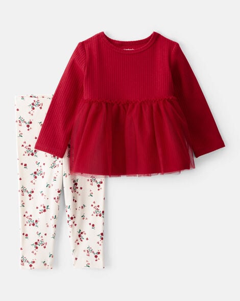 baby girl 2-piece floral long-sleeve tee & pant set - red
